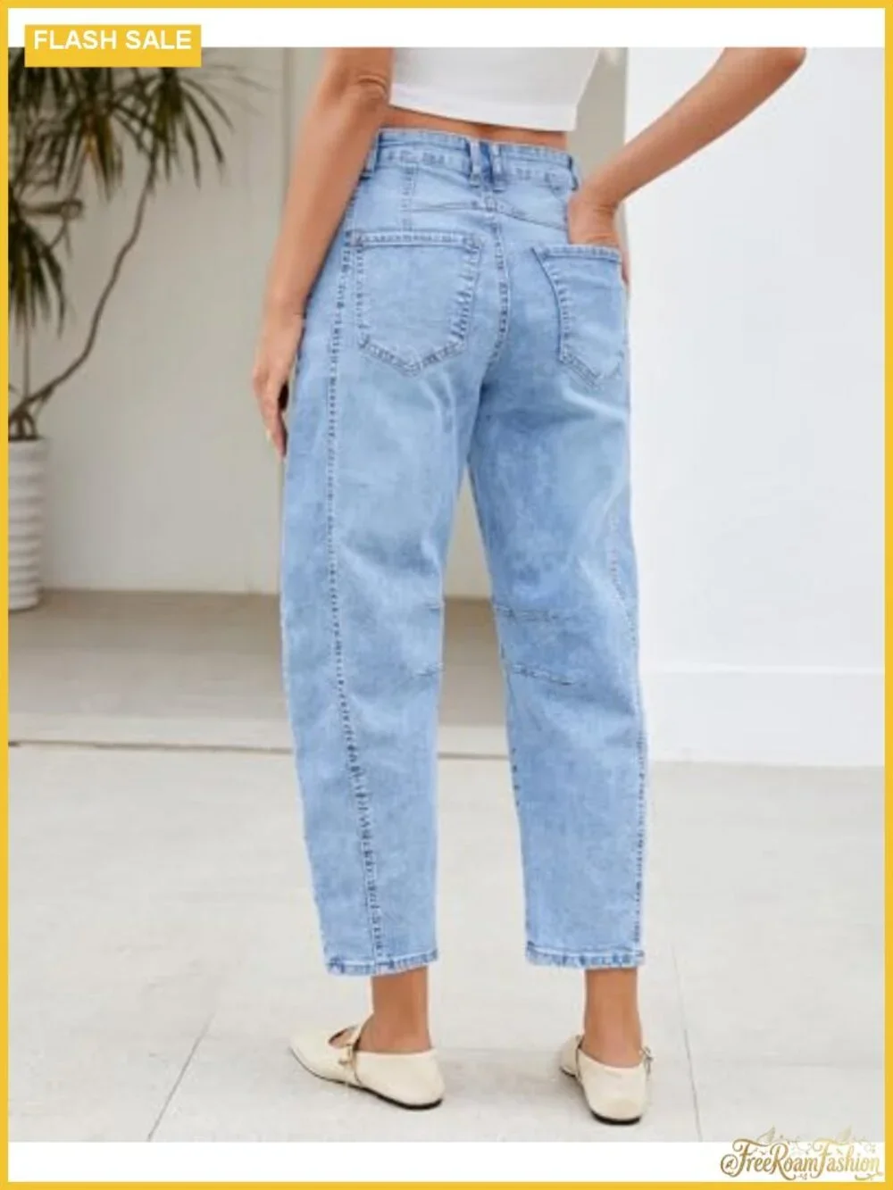 High Waisted Cropped Wide Leg Barrel Jeans Distressed Stretchy Denim